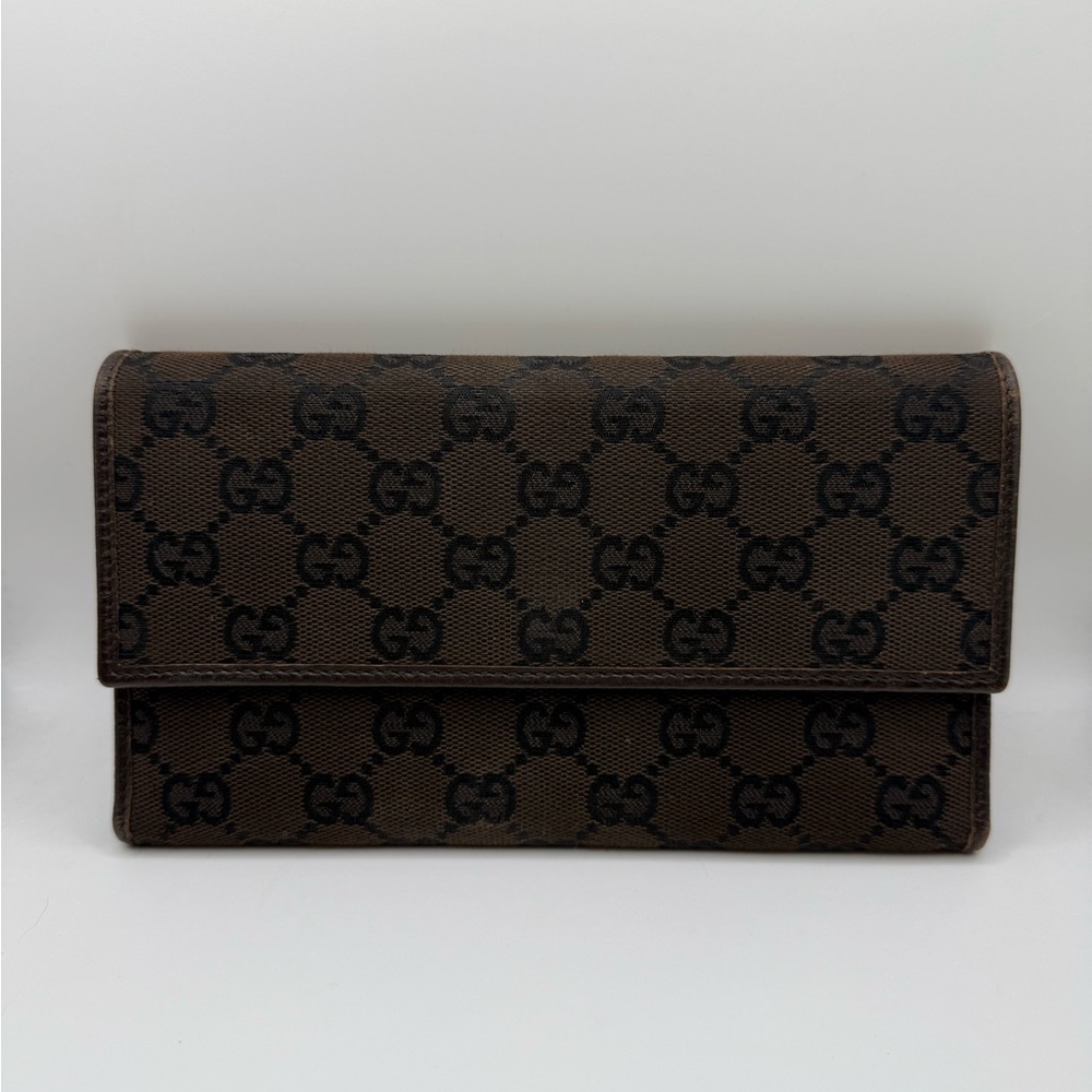 Gucci GG Canvas Tri-Fold Long Wallet Leather Brown Black